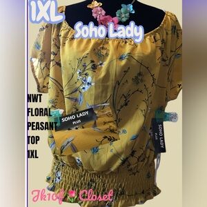 🌷NWT Soho Lady 1XL Plus Mustard Floral Peasant Blouse